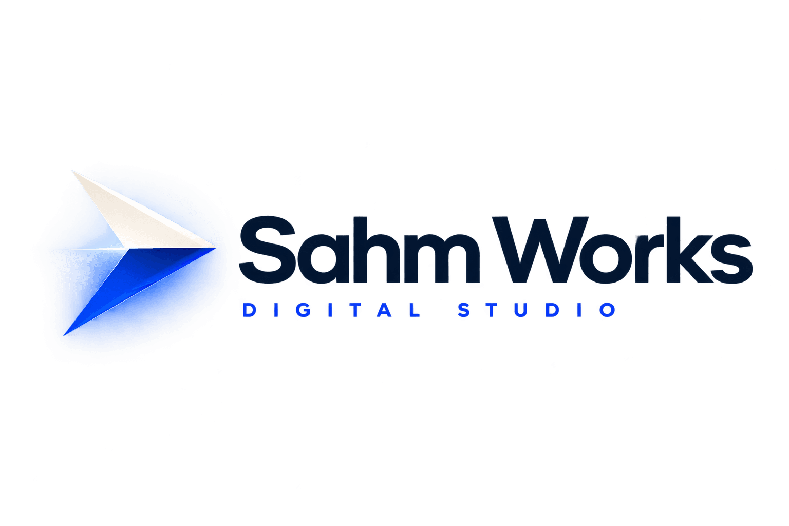 The SAHM Works arrow mark — a folded, forward-pointing form in cream and royal blue